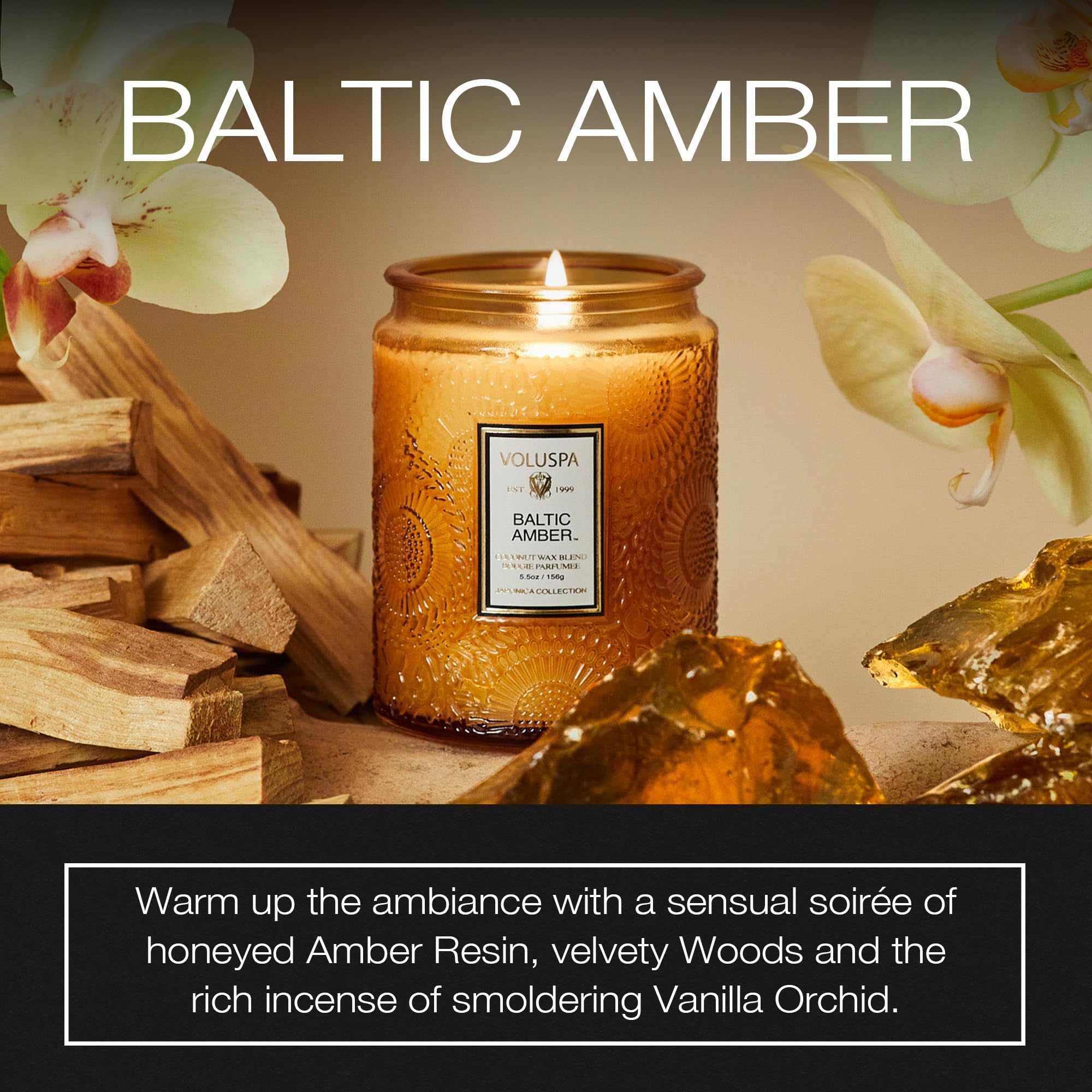Voluspa Baltic Amber jar label close-up highlighting craftsmanship and clean burn.