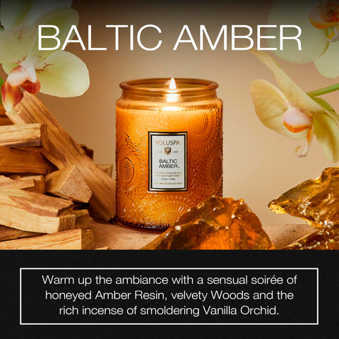 Voluspa Baltic Amber jar label close-up highlighting craftsmanship and clean burn.
