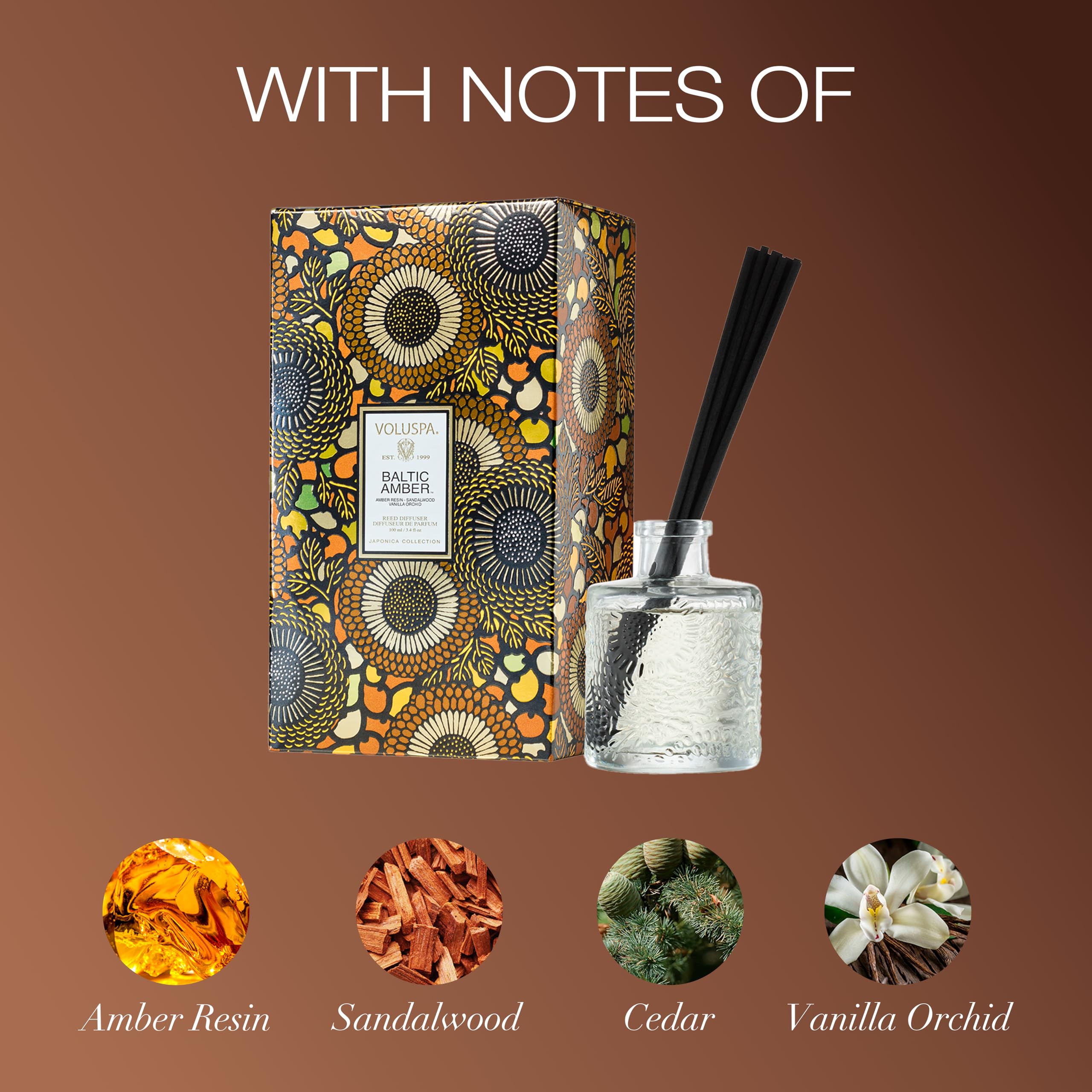 Voluspa Baltic Amber diffuser oil bottle with premium fragrance.