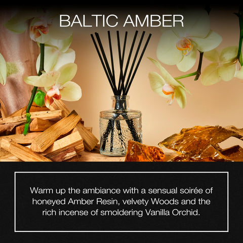 Voluspa Baltic Amber reed sticks releasing fragrance throughout a space.