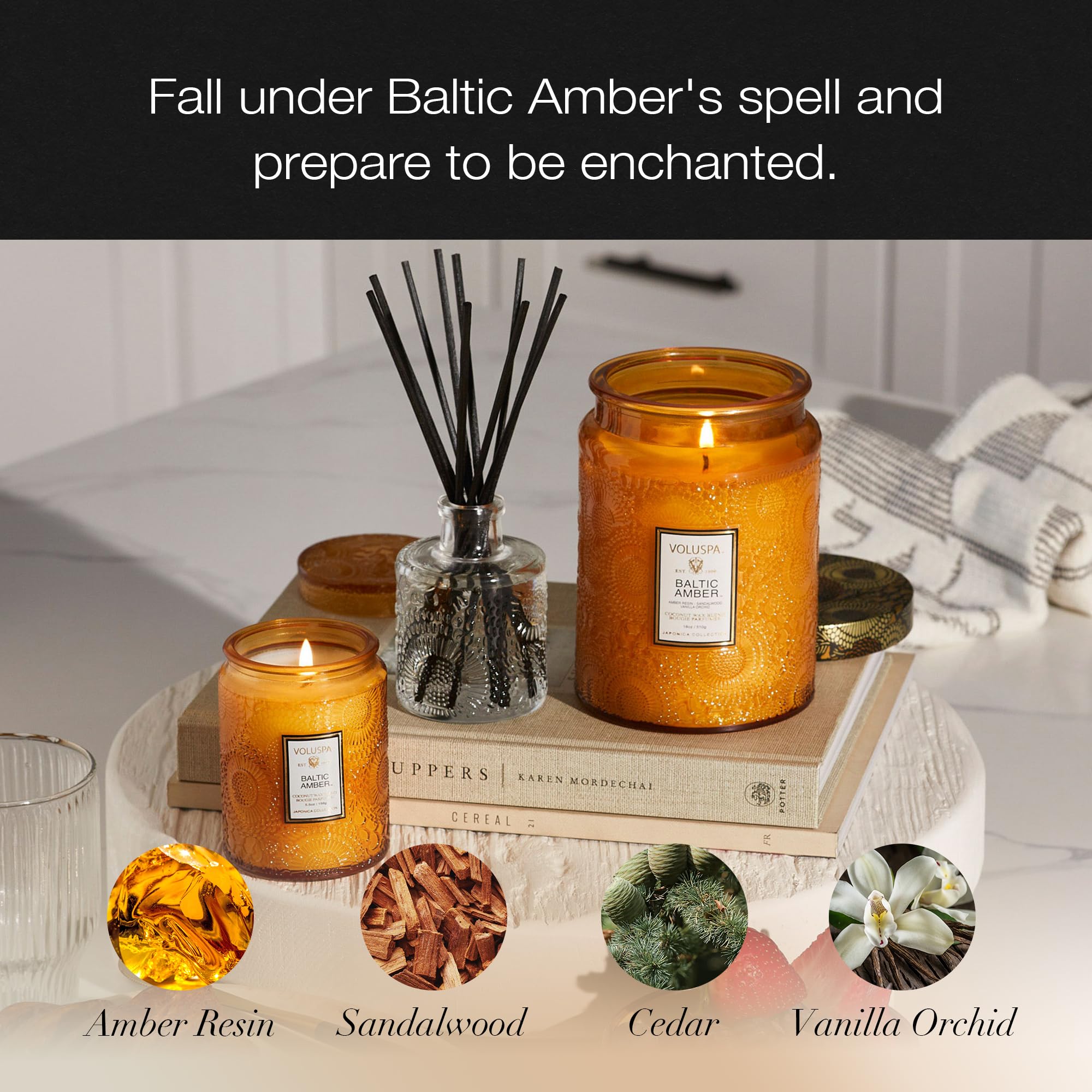 Voluspa Baltic Amber candle wax close-up showing sandalwood and vanilla orchid notes.