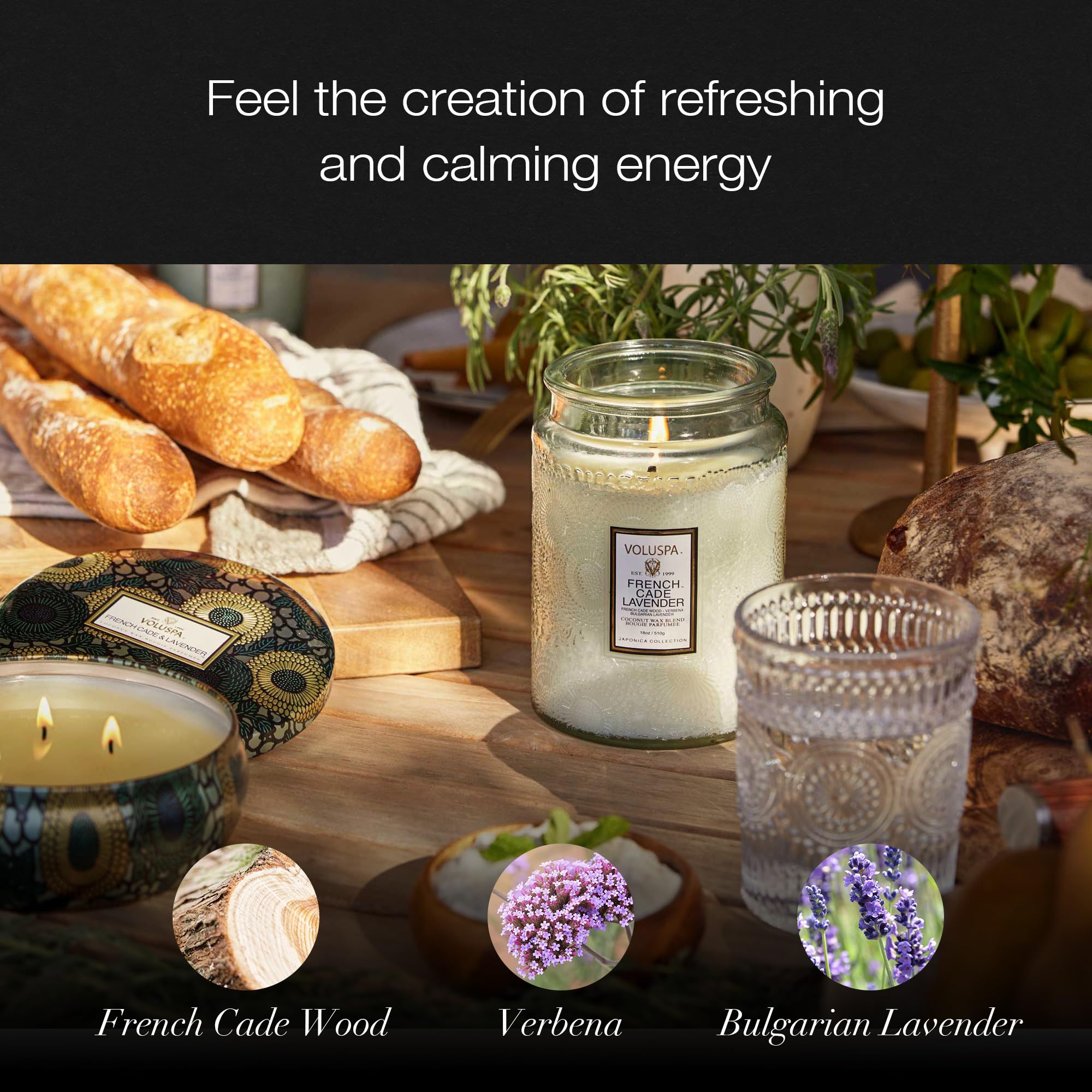 Voluspa Bulgarian lavender and verbena notes enhance the fragrance profile