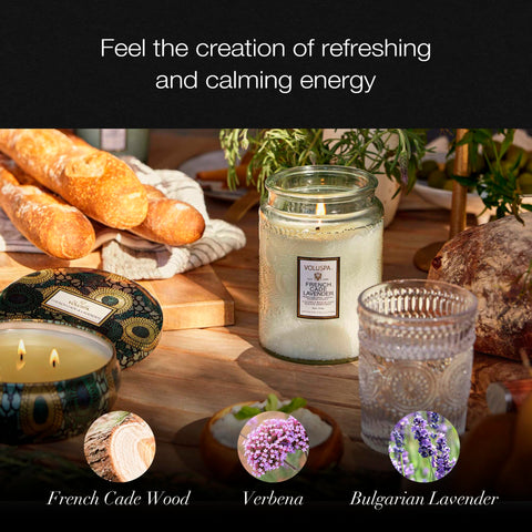 Voluspa Bulgarian lavender and verbena notes enhance the fragrance profile