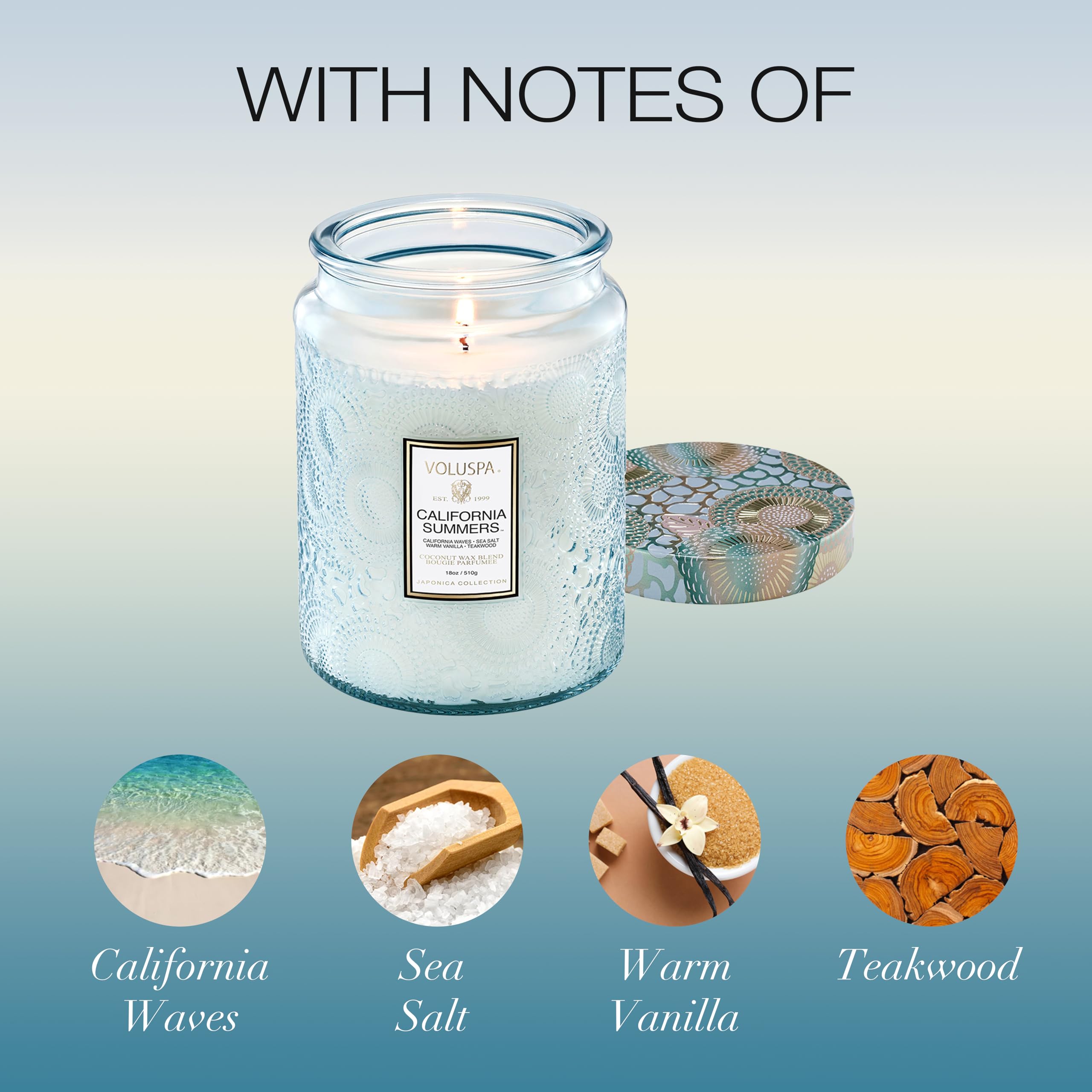 Voluspa California Summers 18 oz jar shown on display signaling long-lasting aroma.