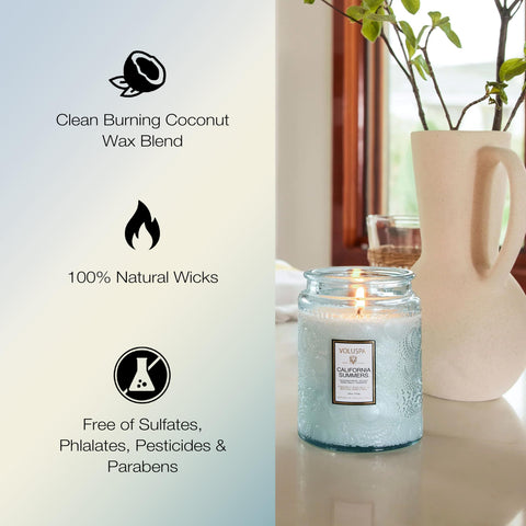 Voluspa California Summers embossed glass jar with metal lid premium candle aesthetic.