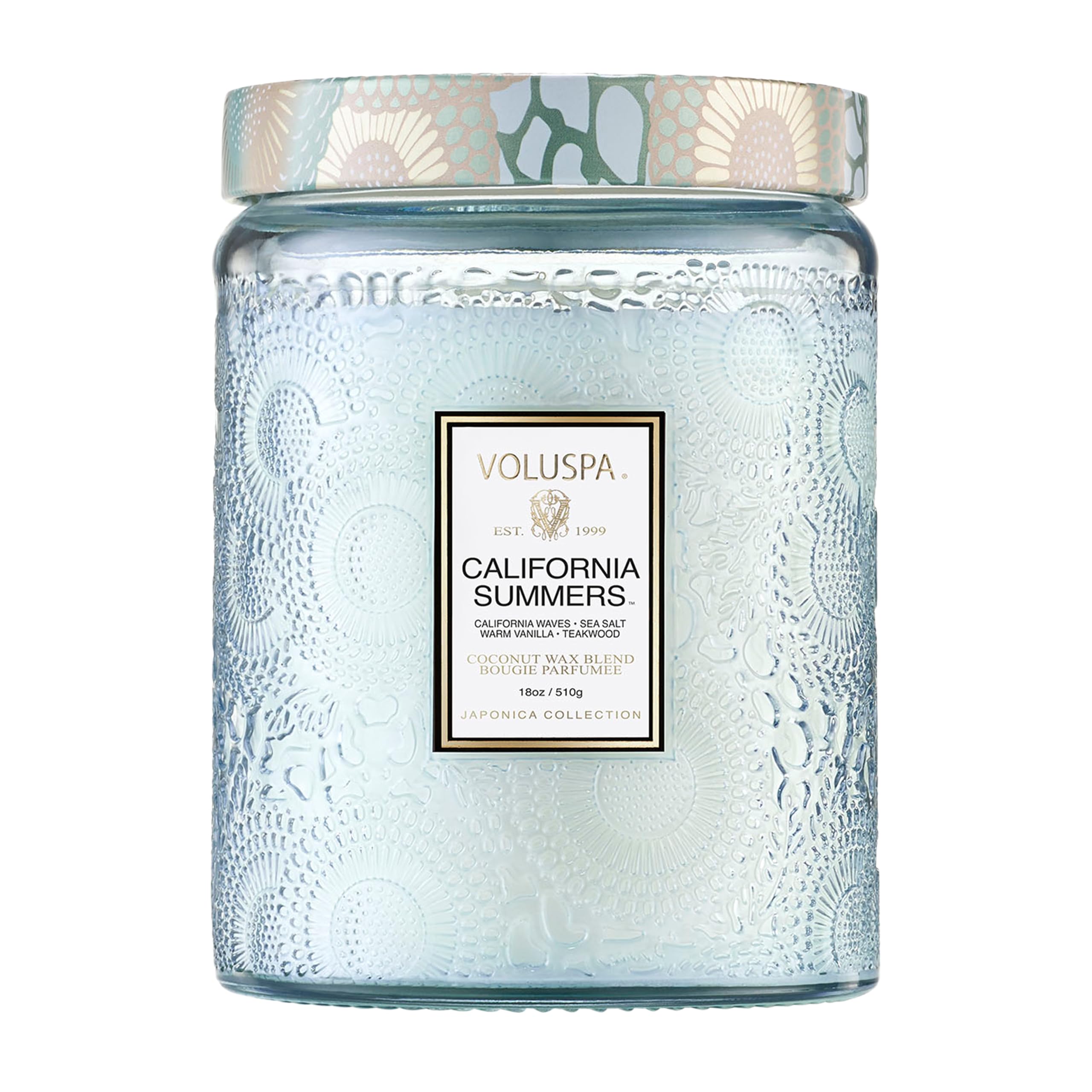 Voluspa California Summers candle jar with embossed glass and lid for elegant room ambience.