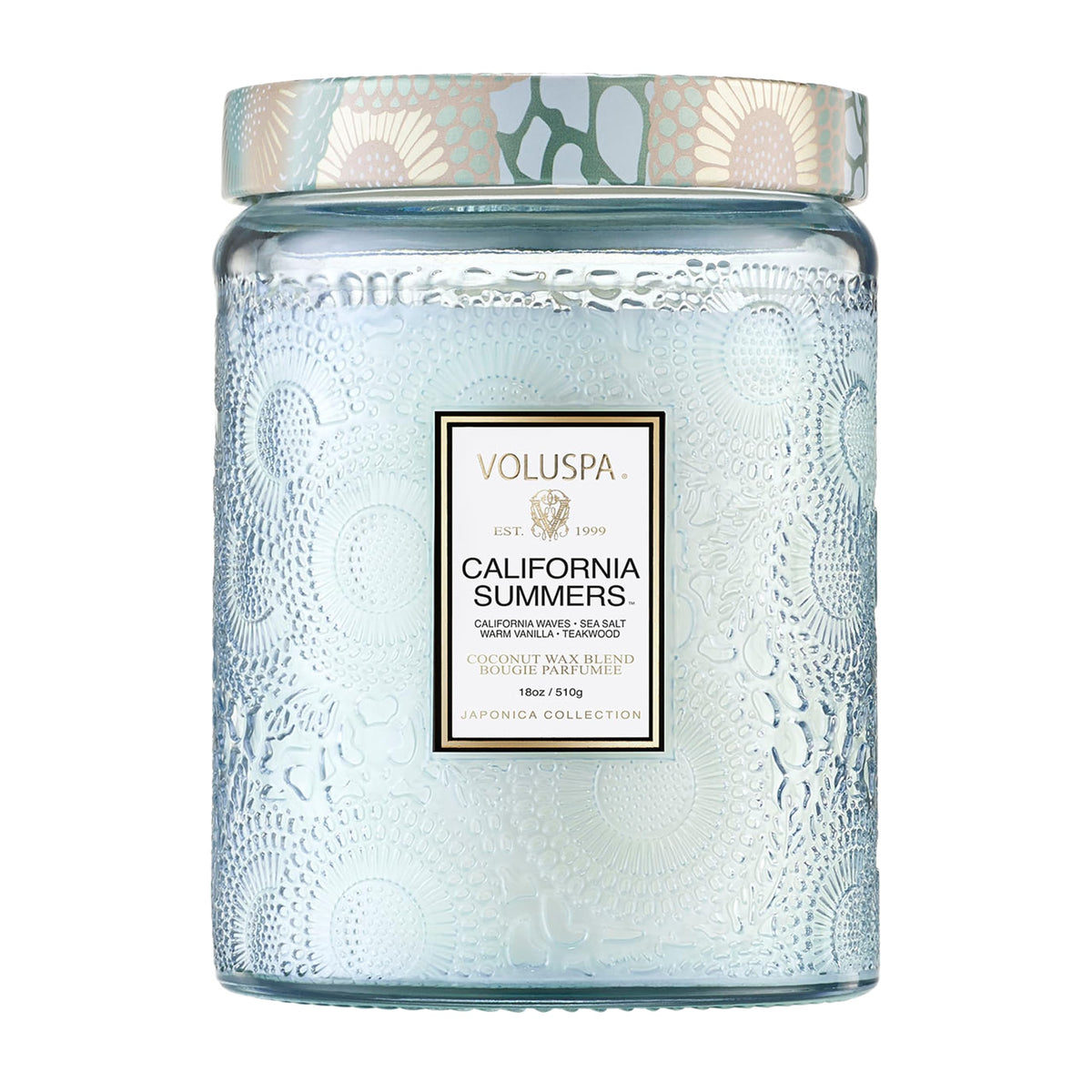 Voluspa California Summers candle jar with embossed glass and lid for elegant room ambience.