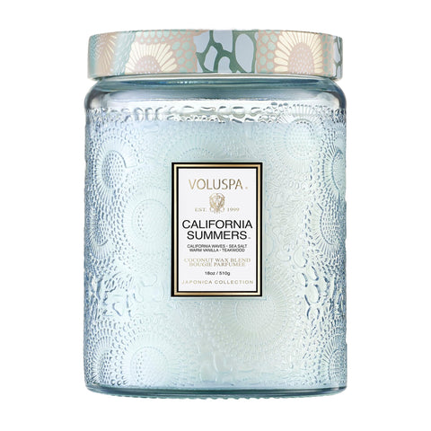 Voluspa California Summers candle jar with embossed glass and lid for elegant room ambience.