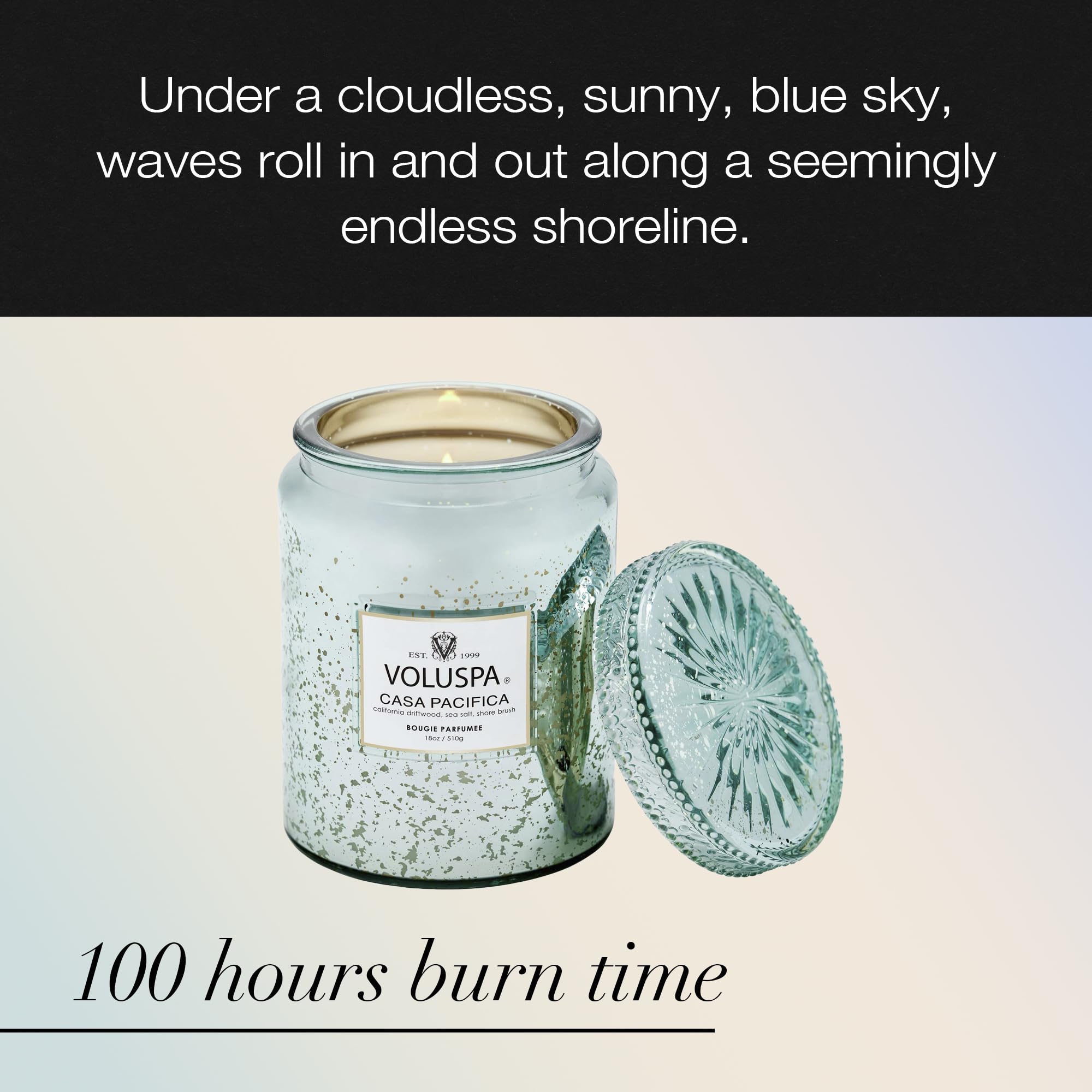 Voluspa Casa Pacifica aquatic fragrance notes of driftwood and sea salt for coastal vibes.