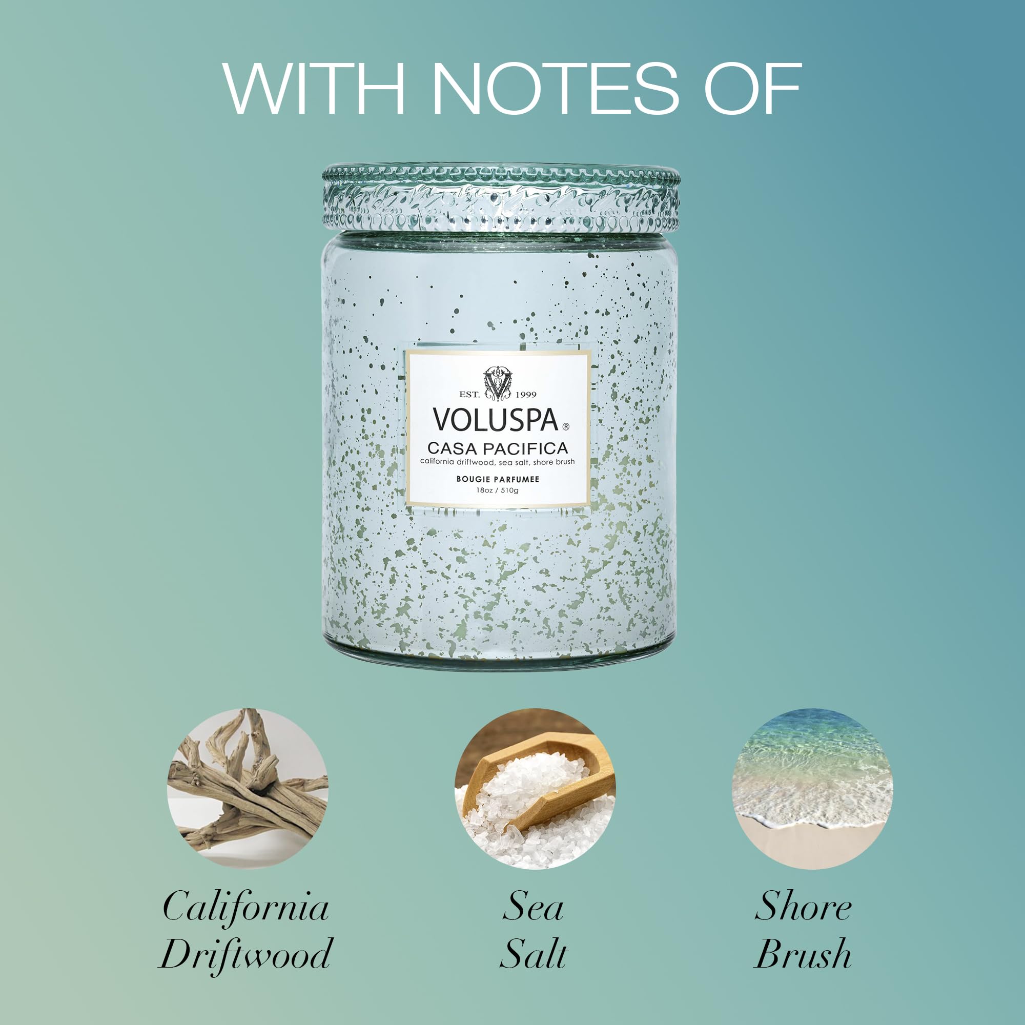 Voluspa Casa Pacifica natural wicks ensuring steady burn and refined fragrance.
