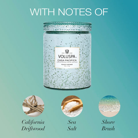 Voluspa Casa Pacifica natural wicks ensuring steady burn and refined fragrance.