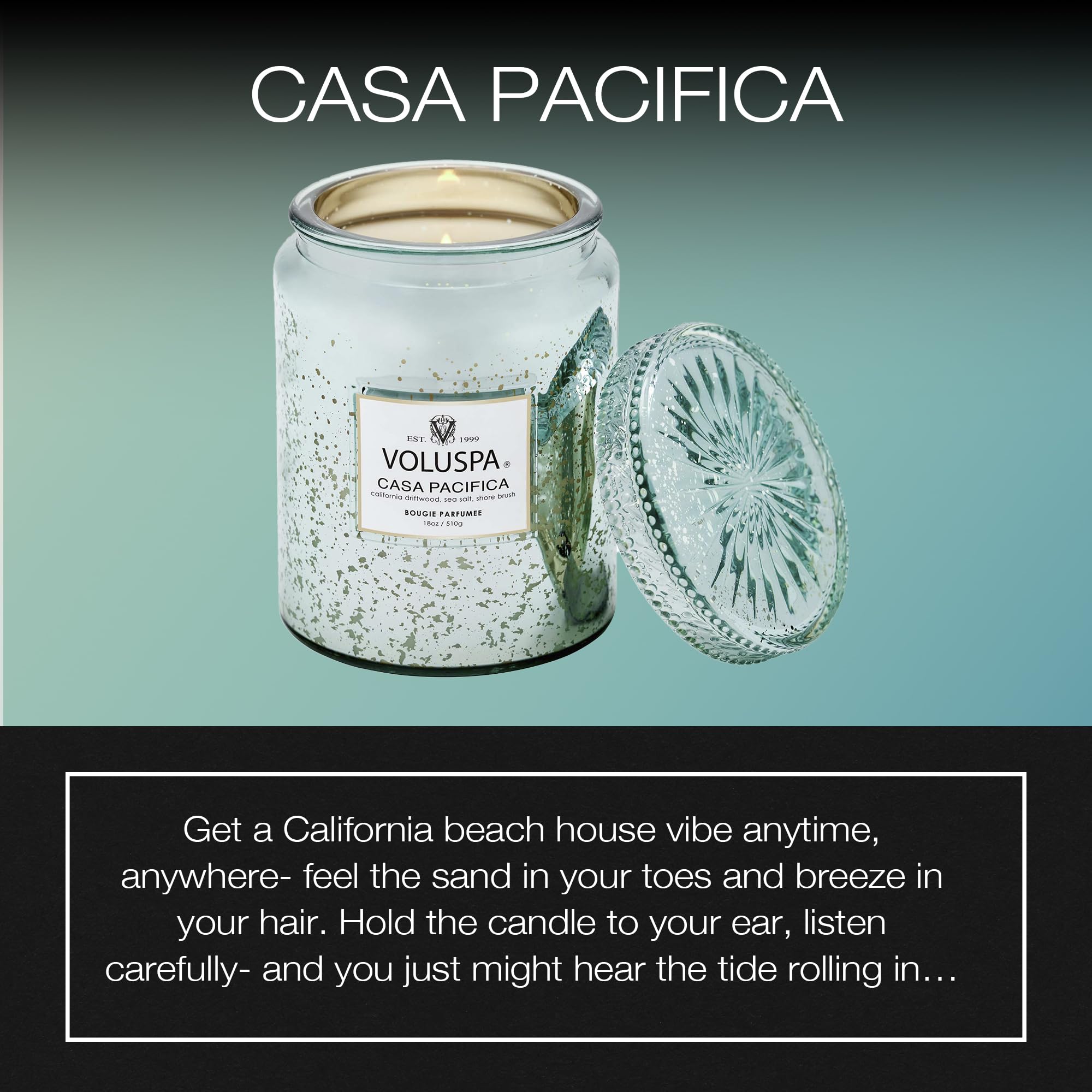 Voluspa Casa Pacifica wax blend closeup highlighting coconut wax for clean burning.
