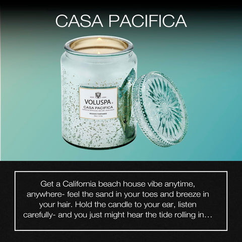 Voluspa Casa Pacifica wax blend closeup highlighting coconut wax for clean burning.
