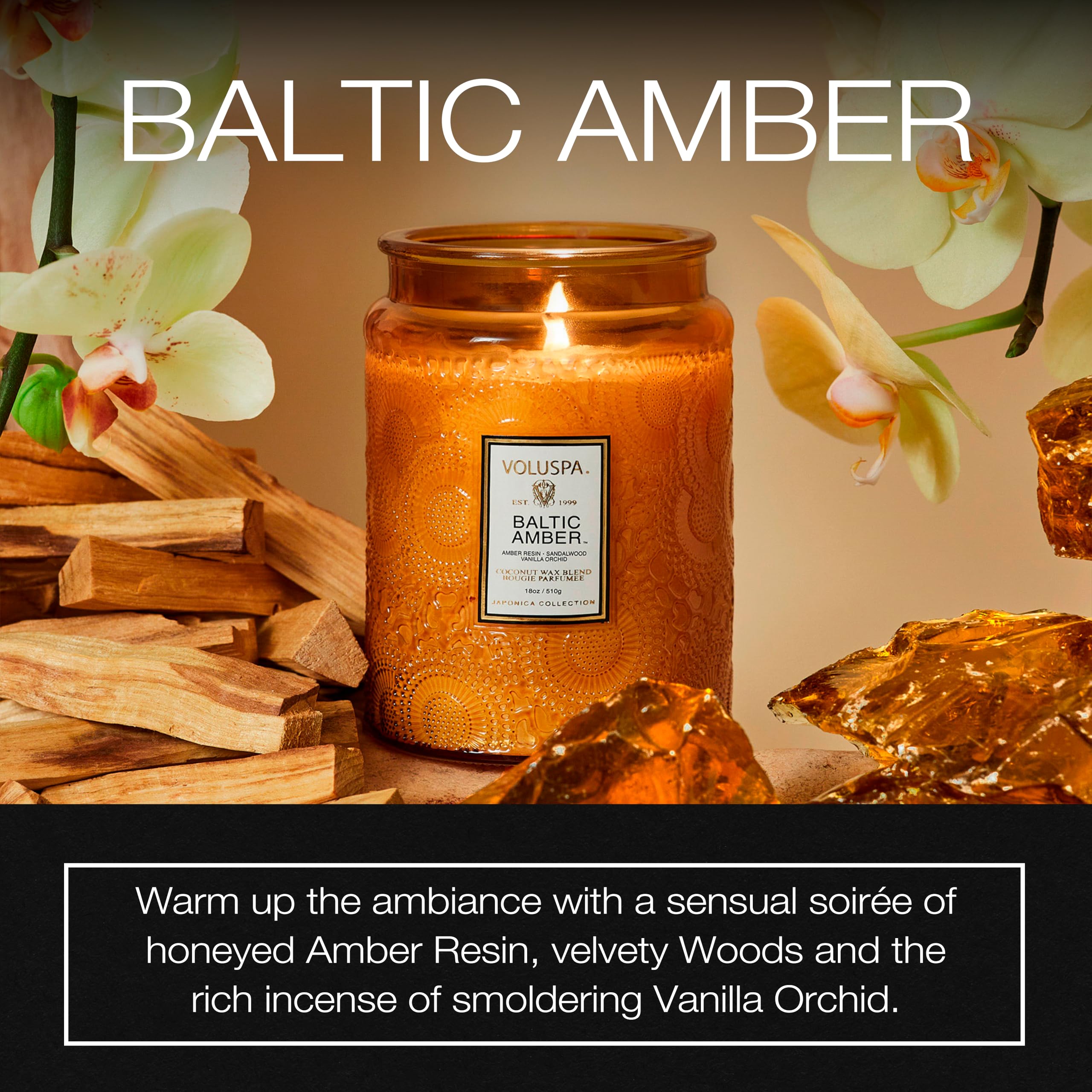 Voluspa coconut wax blend candle highlighting clean burn and fragrance.