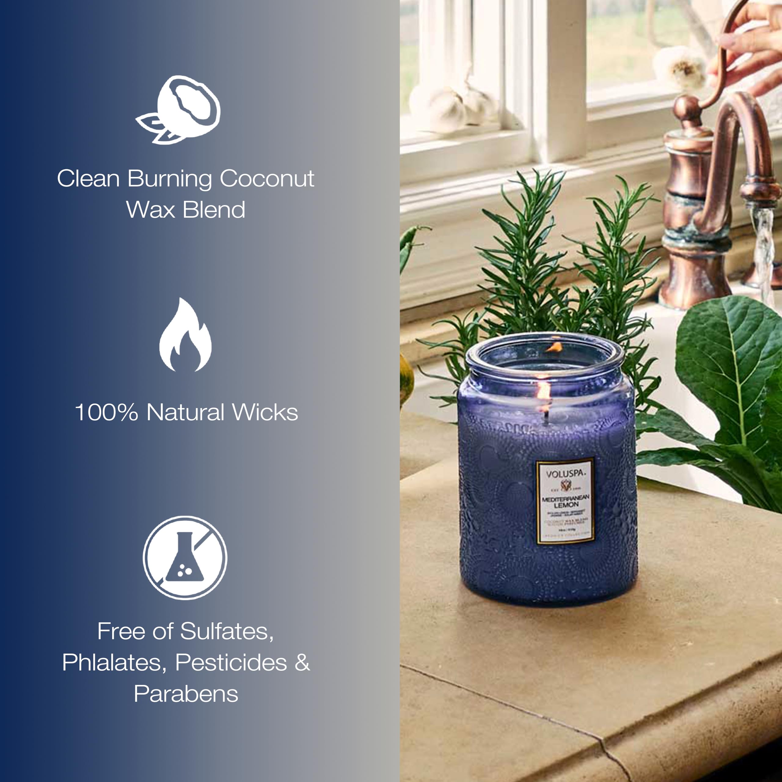 Voluspa coconut wax blend ingredients label indicates clean burning
