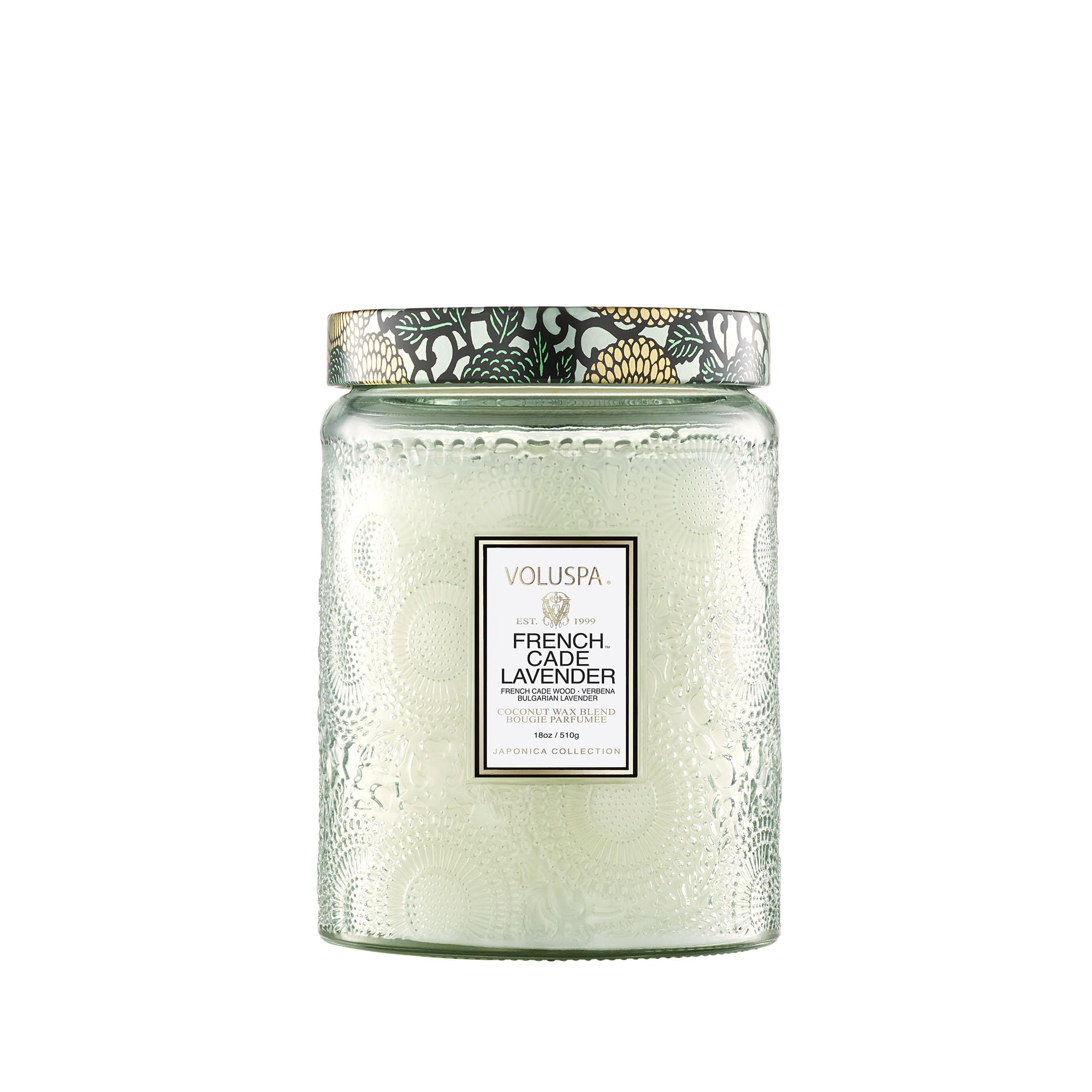 Voluspa French Cade Lavender candle jar with 18 oz design for living spaces