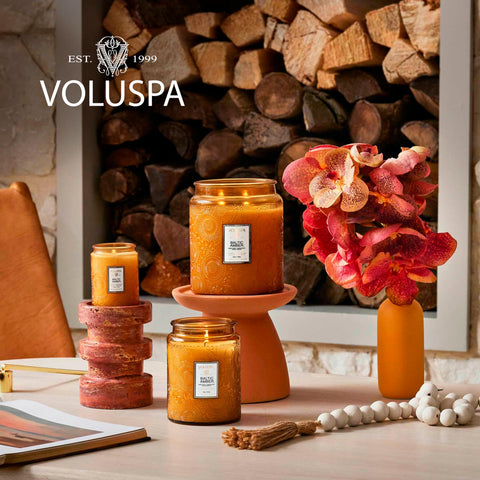 Voluspa glass jar decor adds a luxe touch to shelves or tables.
