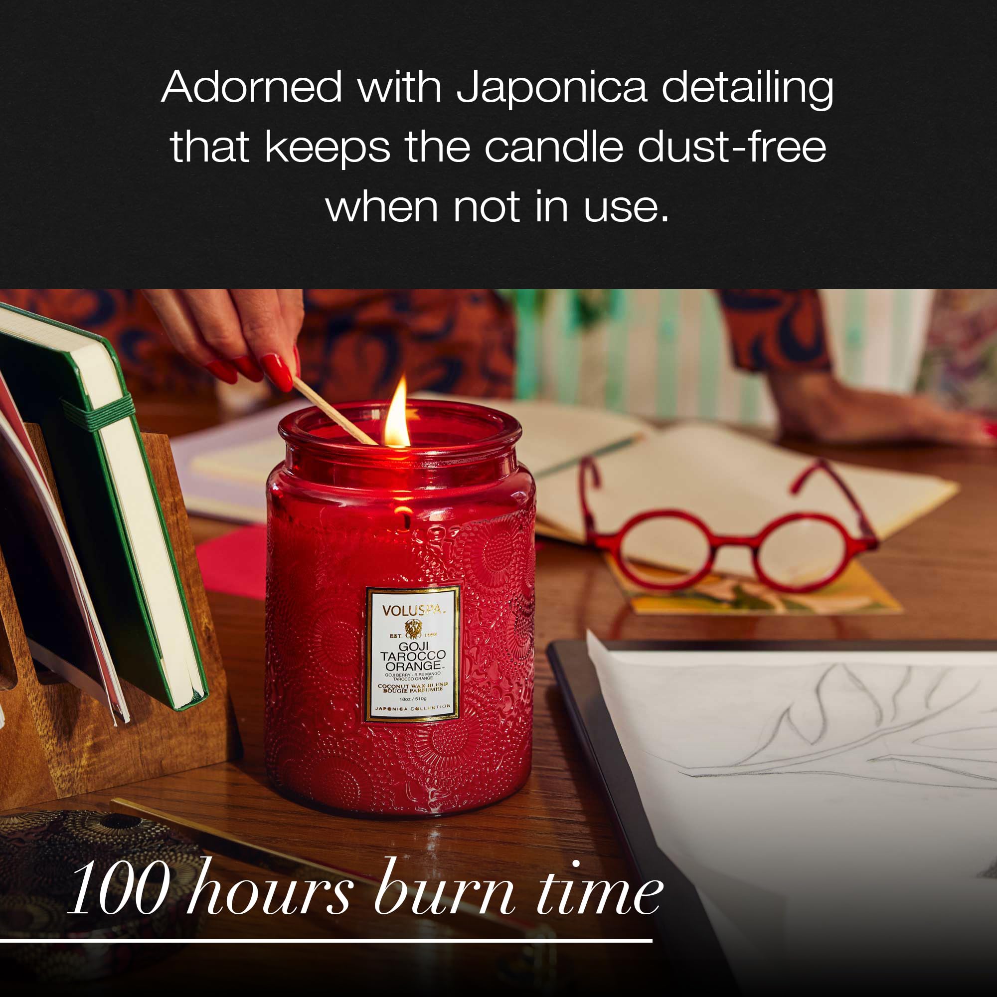 Voluspa Goji Tarocco Orange 18 oz candle packaging on display, ideal for gifting.
