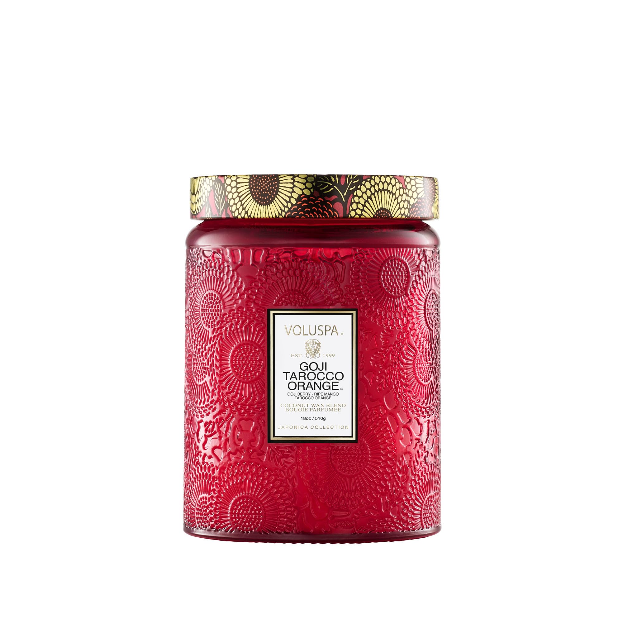 Voluspa Goji Tarocco Orange candle in a glass jar delivering a warm, inviting home scent.