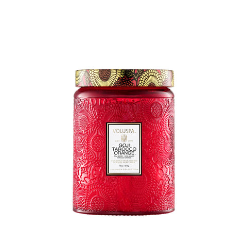 Voluspa Goji Tarocco Orange candle in a glass jar delivering a warm, inviting home scent.