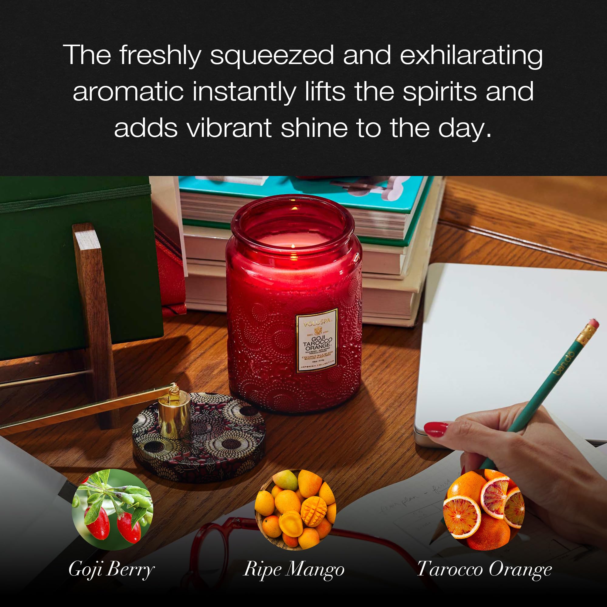 Voluspa Goji Tarocco Orange notes blend goji berry, mango, and tarocco orange for a bright aroma.