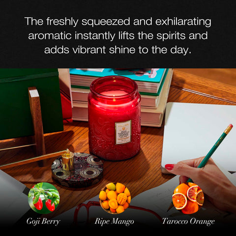 Voluspa Goji Tarocco Orange notes blend goji berry, mango, and tarocco orange for a bright aroma.