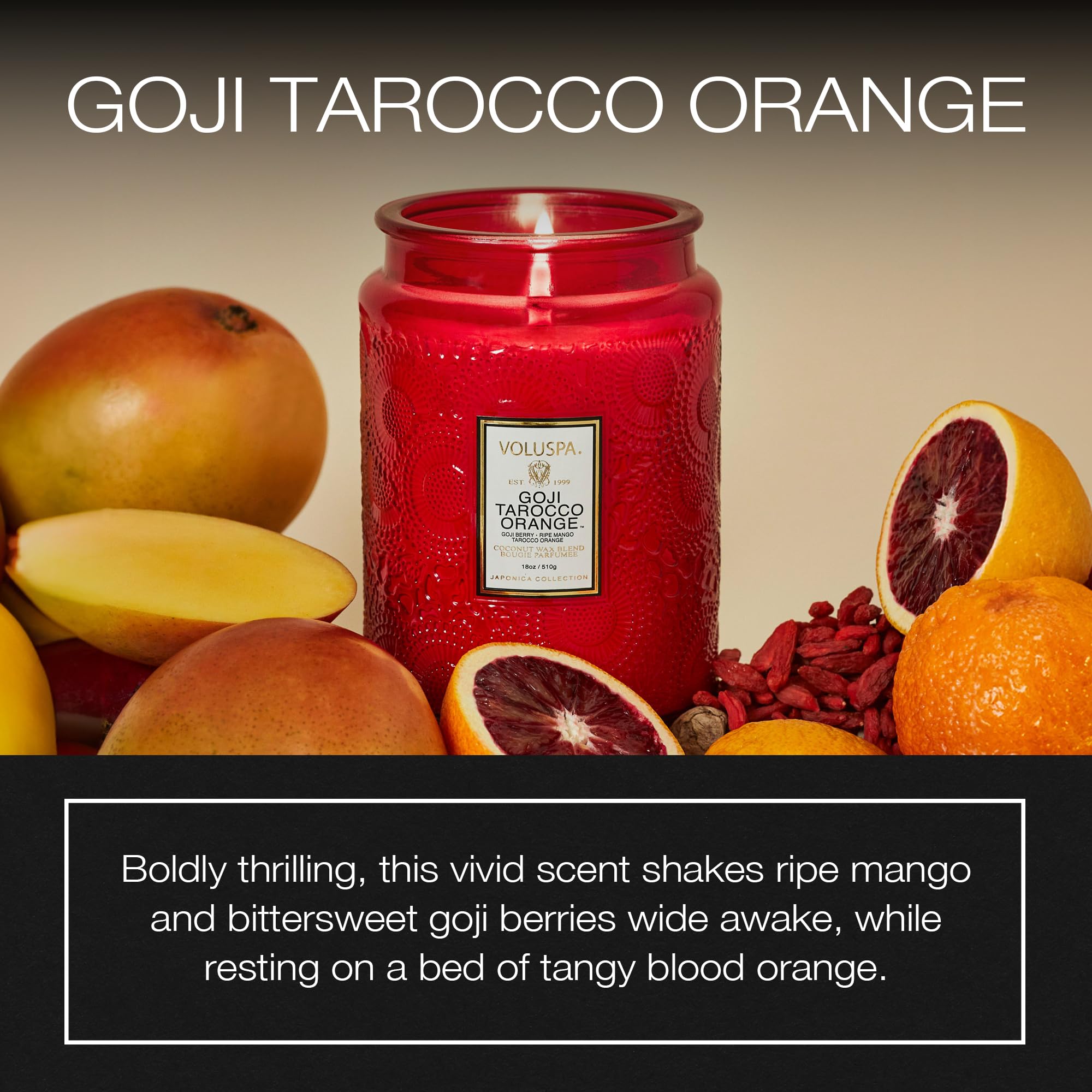 Close-up of Voluspa Goji Tarocco Orange coconut wax showing clean burn and even release.