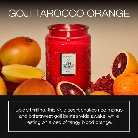 Close-up of Voluspa Goji Tarocco Orange coconut wax showing clean burn and even release.