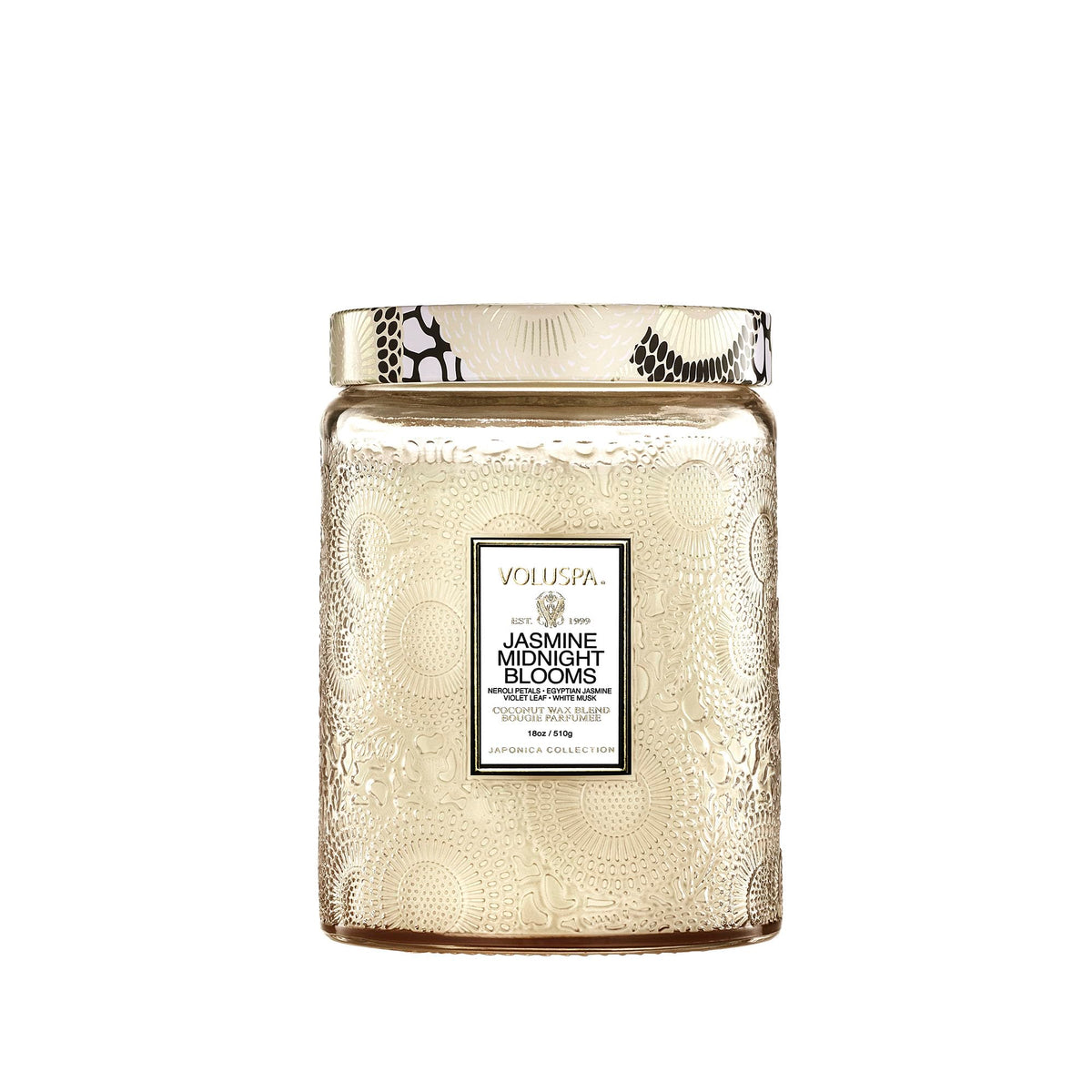 Voluspa Jasmine Midnight Blooms candle in 18oz jar adds refined ambiance.