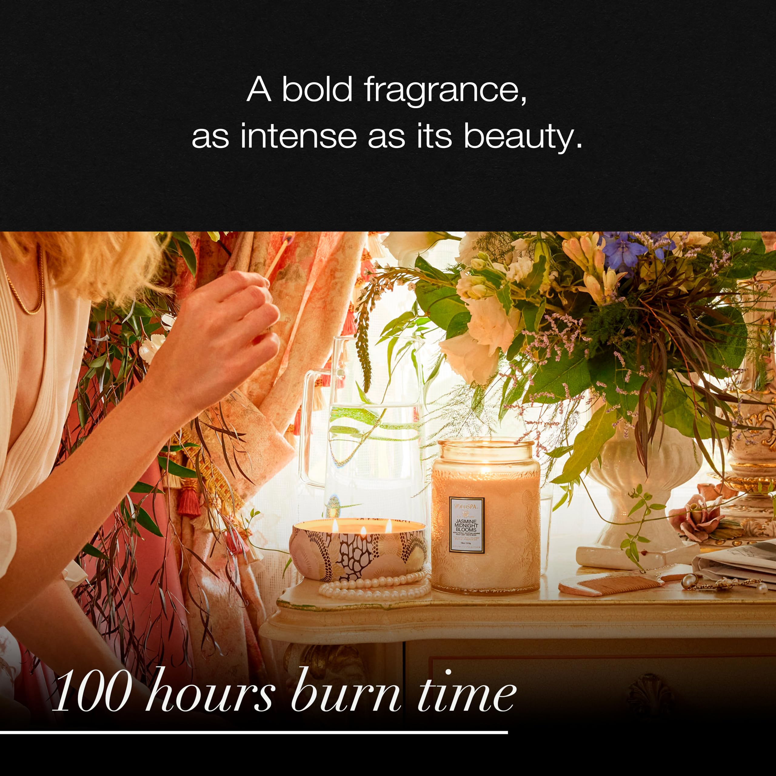 Voluspa Jasmine Midnight Blooms candle lit glow creates mood-friendly warmth.