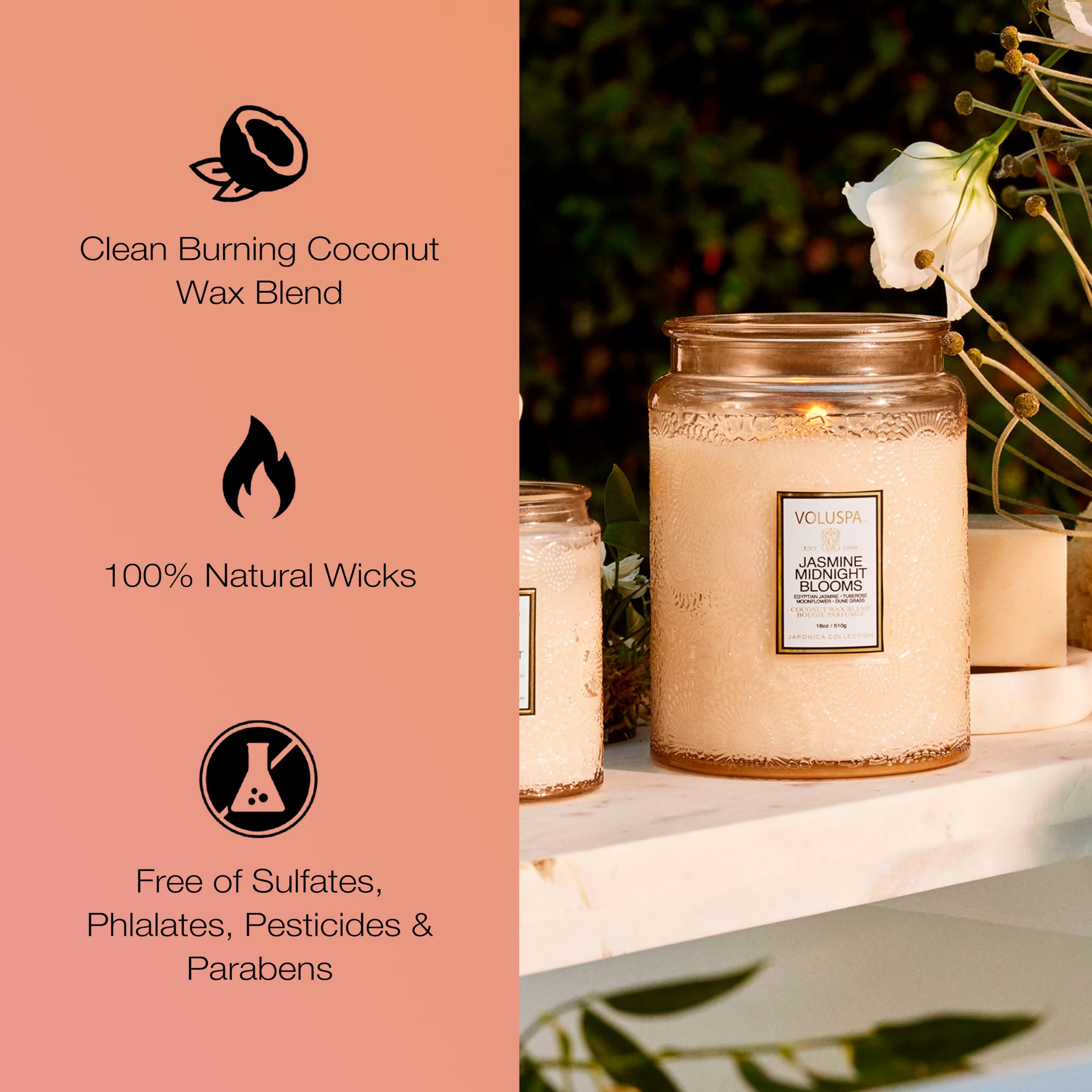 Voluspa Jasmine Midnight Blooms candle on coffee table elevates the living space.