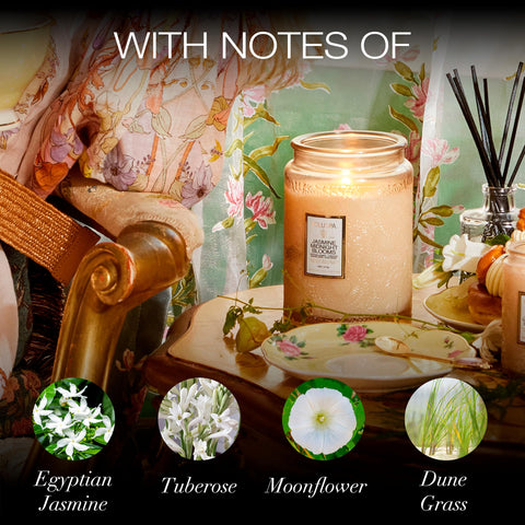 Voluspa Jasmine Midnight Blooms wooden lid view highlights craftsmanship.
