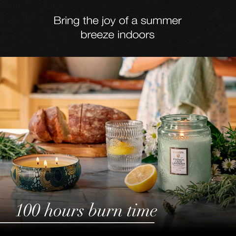 Voluspa lavender jar featuring a decorative label that elevates décor