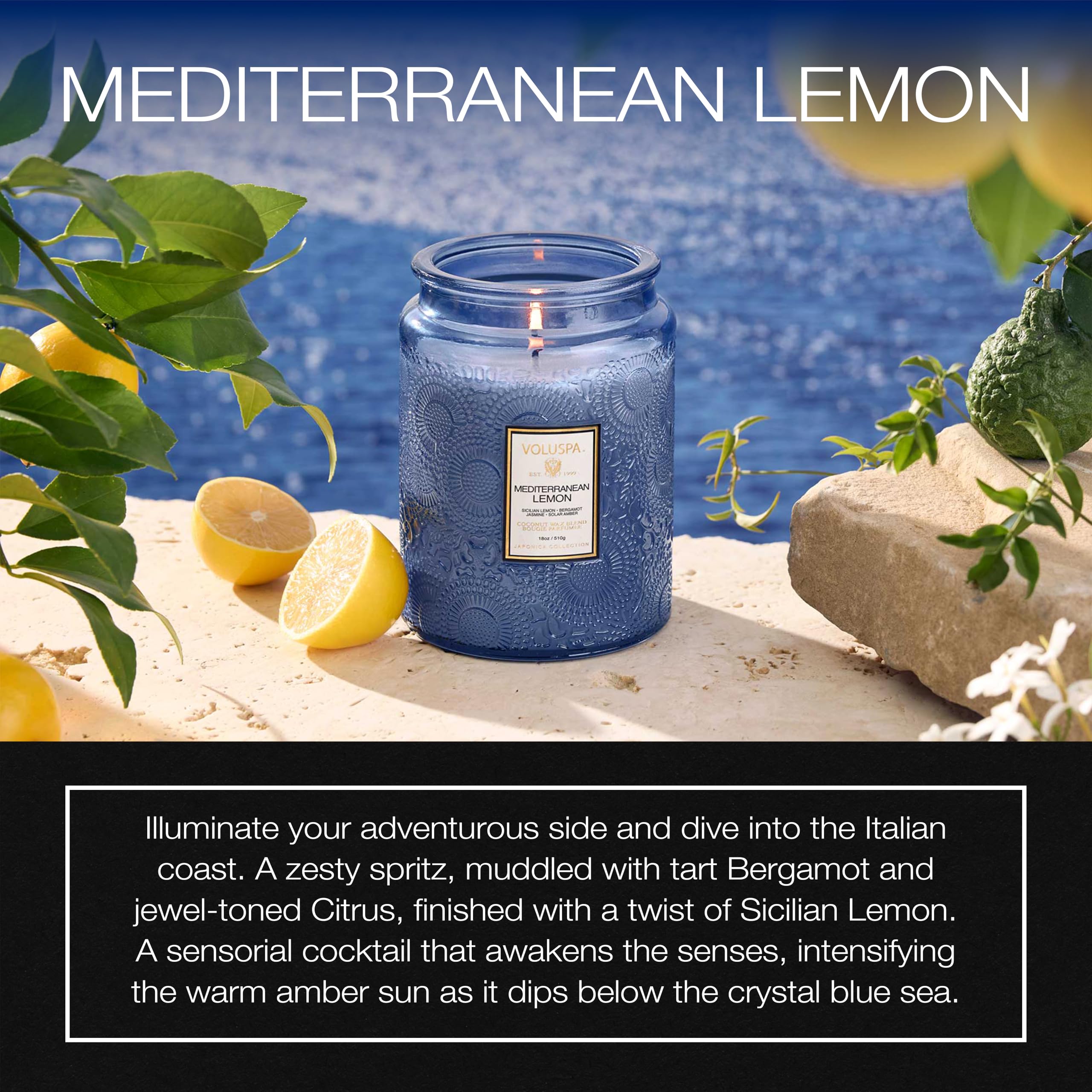 Voluspa Mediterranean Lemon candle jar lid detail showcases upscale design