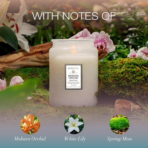 Voluspa natural wicks ensure even burning in a stylish jar.