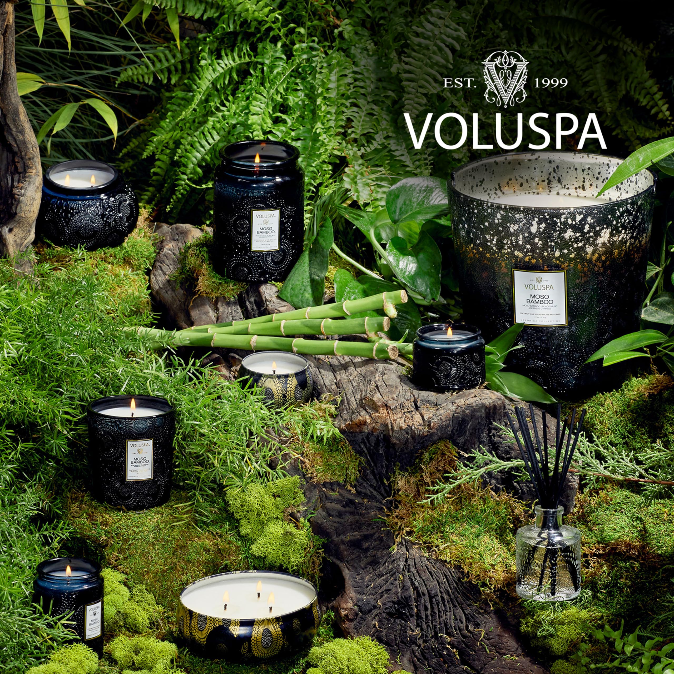 Voluspa Moso Bamboo 100-hour burn time for extended enjoyment.