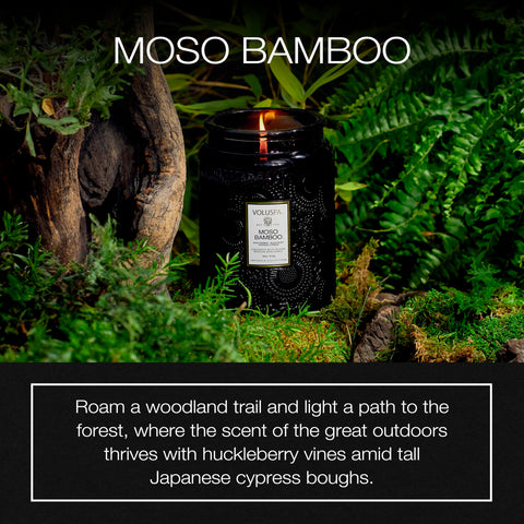 Voluspa Moso Bamboo woodsy scent profile for calming rooms.