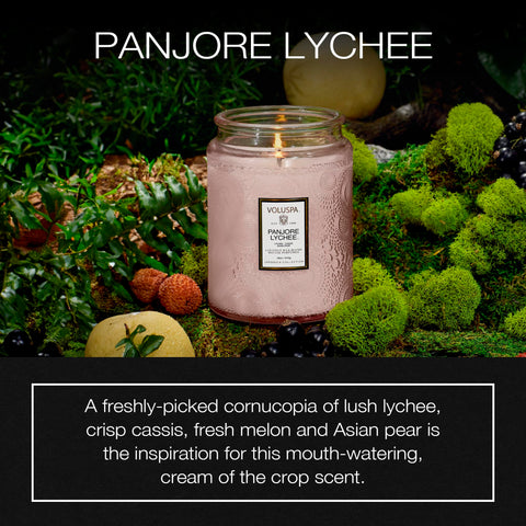 Voluspa Panjore Lychee candle close-up showing coconut wax for a cleaner burn.