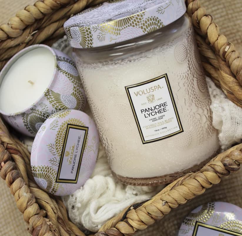 Voluspa Panjore Lychee candle in a decorative jar, ideal for gifting.