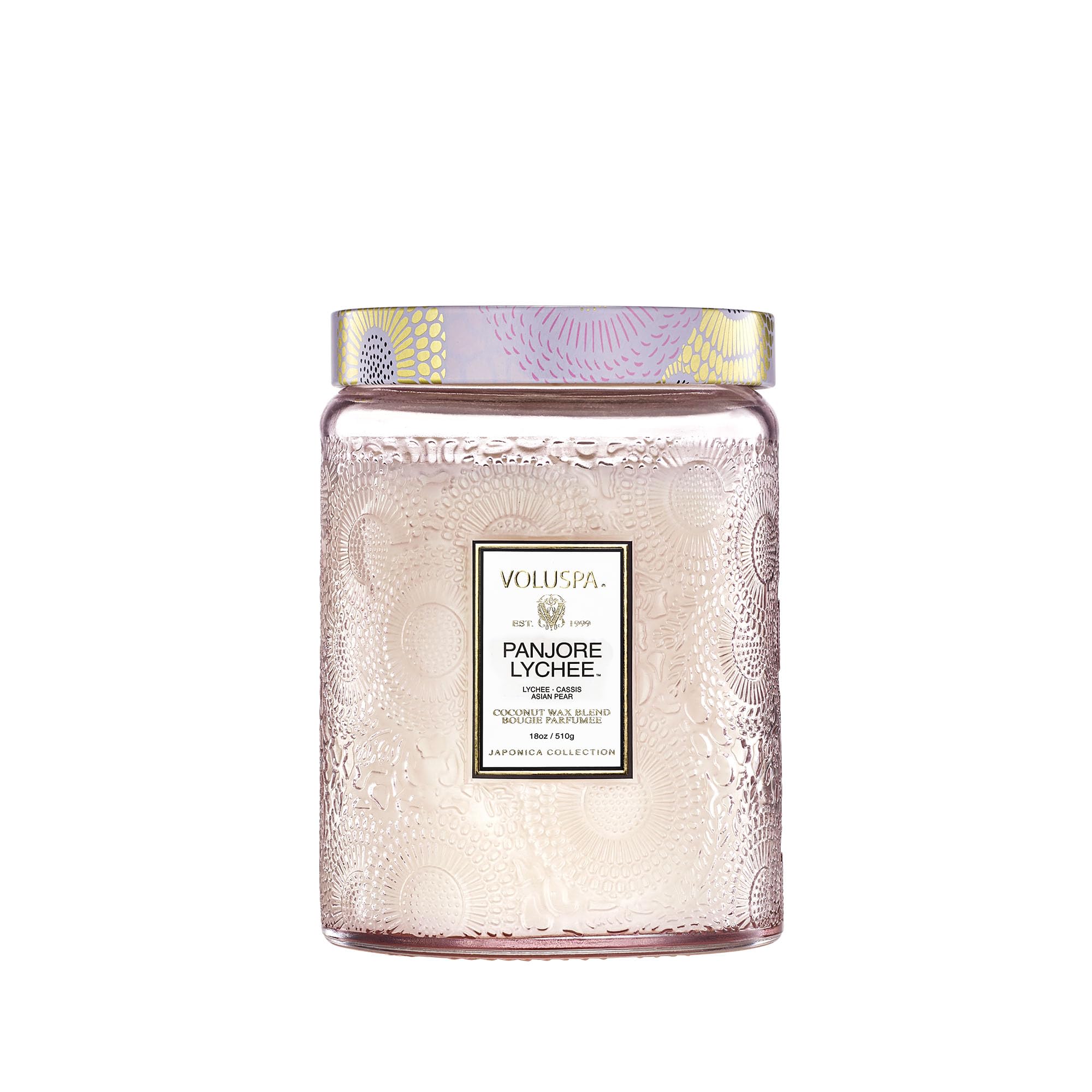 Voluspa Panjore Lychee 18 oz candle jar front view delivering bright citrus ambiance.