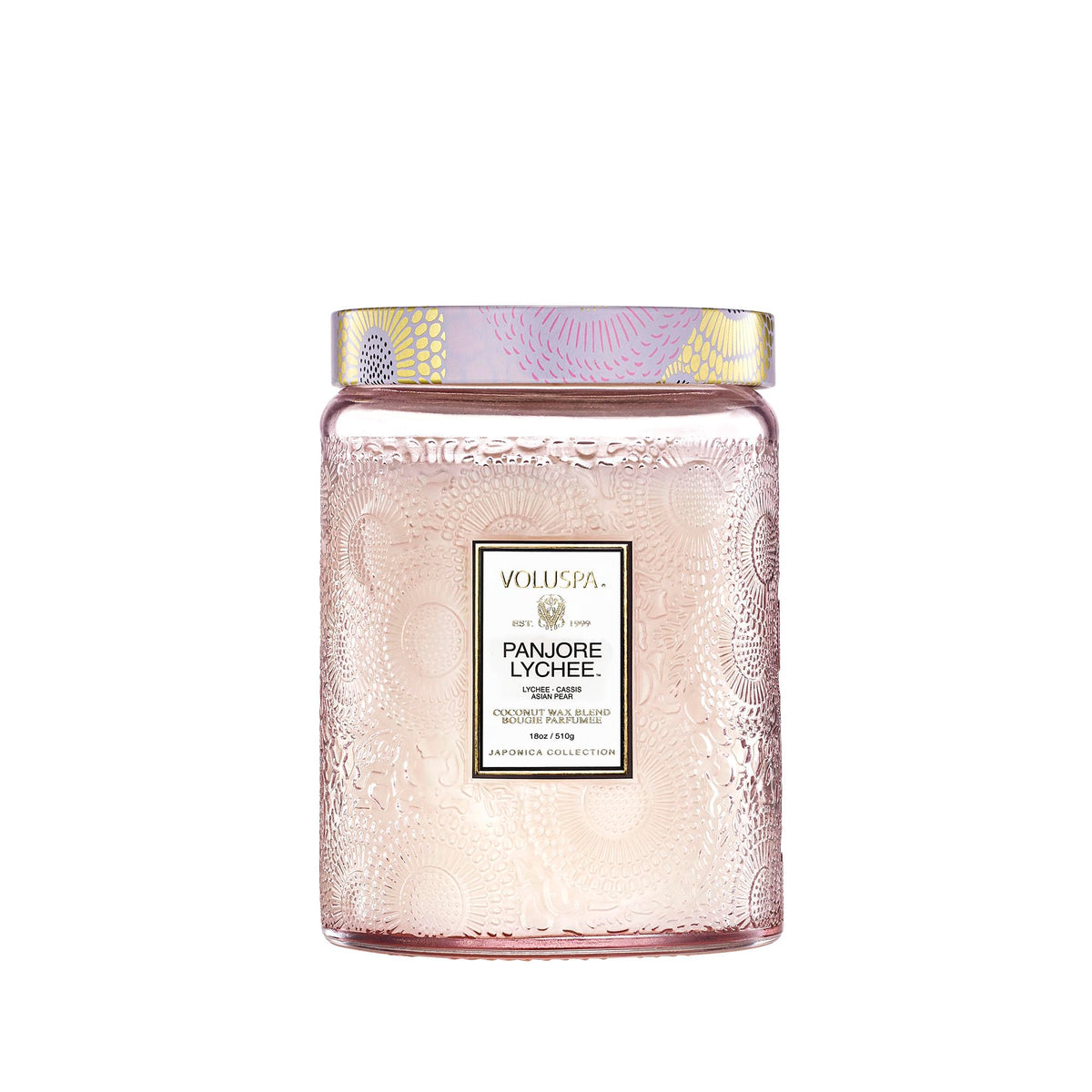 Voluspa Panjore Lychee 18 oz candle jar front view delivering bright citrus ambiance.