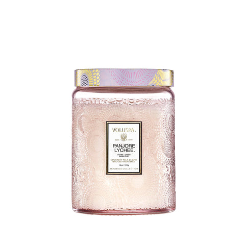 Voluspa Panjore Lychee 18 oz candle jar front view delivering bright citrus ambiance.