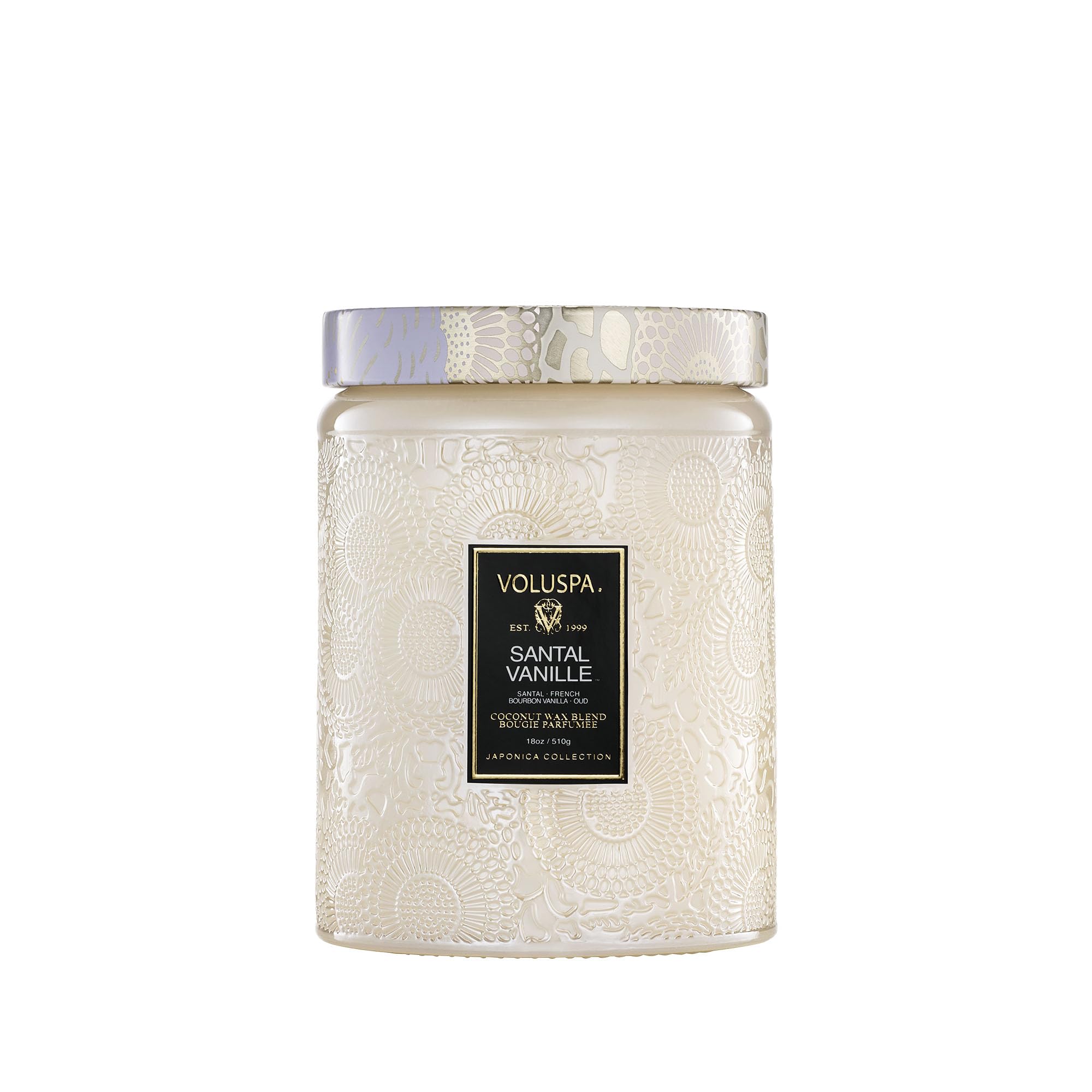 Voluspa Santal Vanille candle in an 18oz jar for warm, inviting evenings.