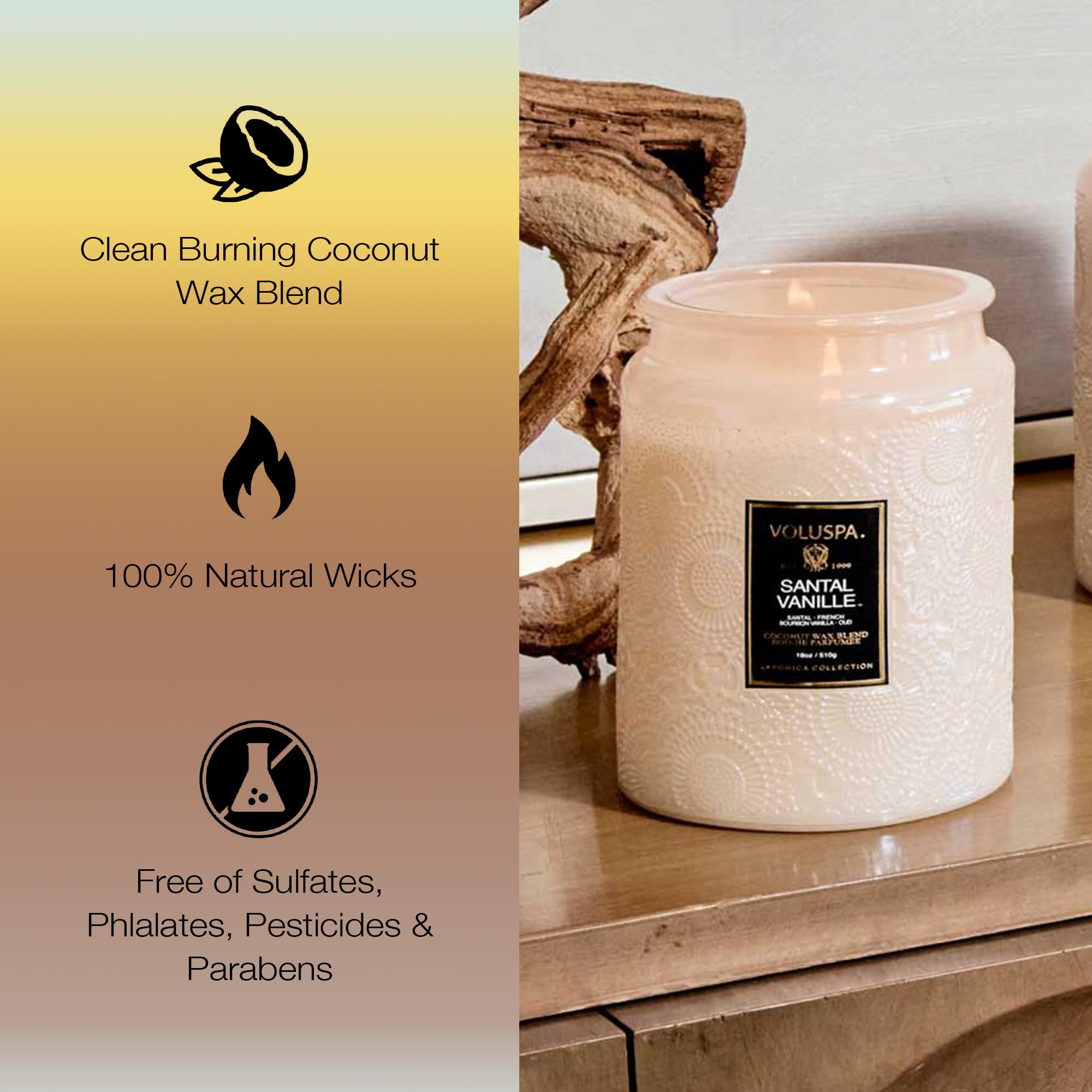 Voluspa Santal Vanille wax close-up emphasizing fragrance throw.