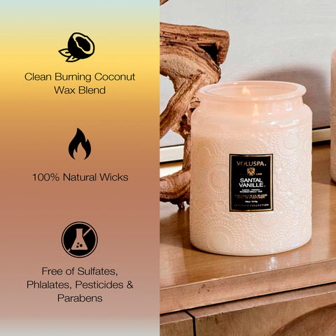 Voluspa Santal Vanille wax close-up emphasizing fragrance throw.