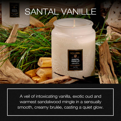 Voluspa Santal Vanille jar detail highlighting coconut wax for clean burn.