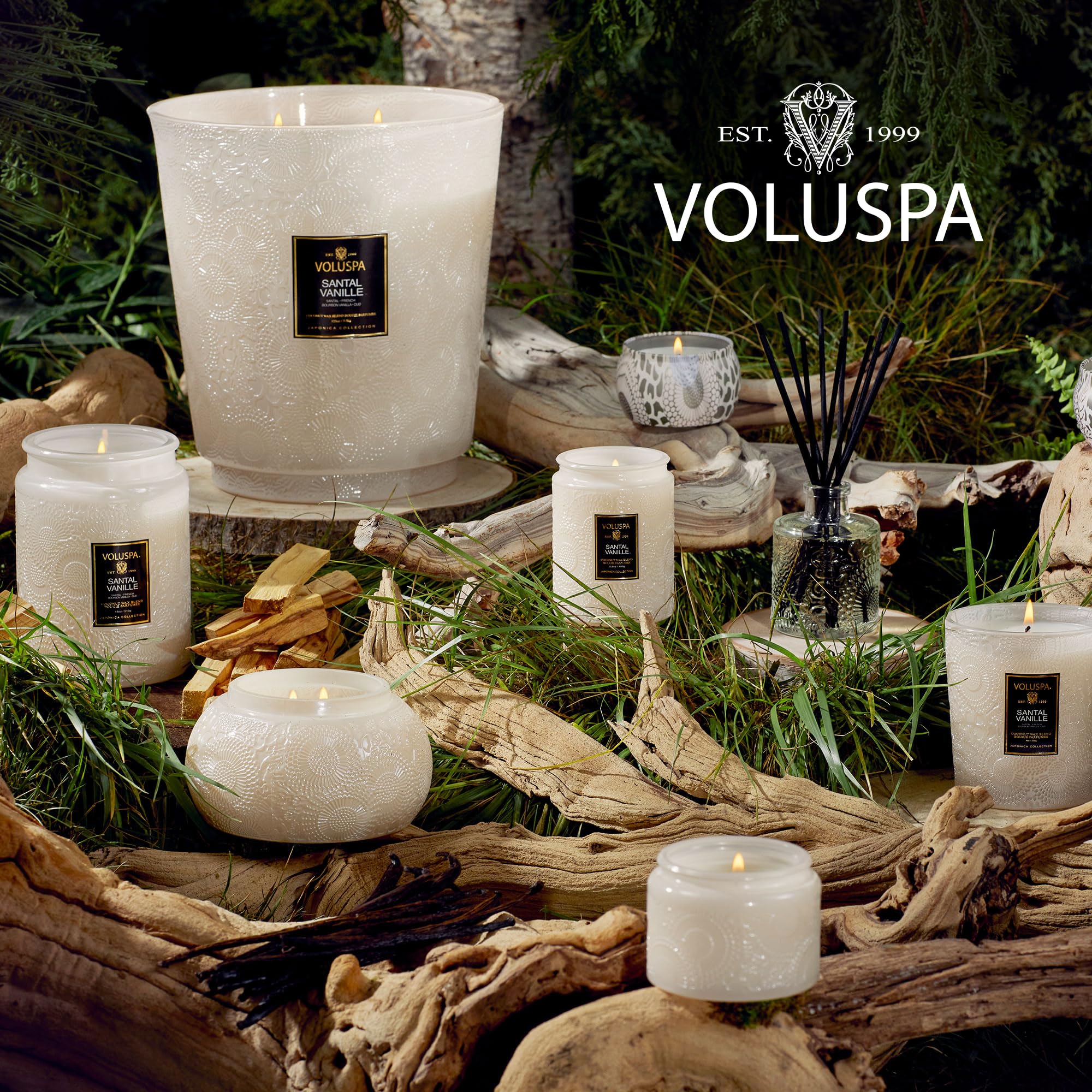 Voluspa Santal Vanille jar shown in elegant home setting.
