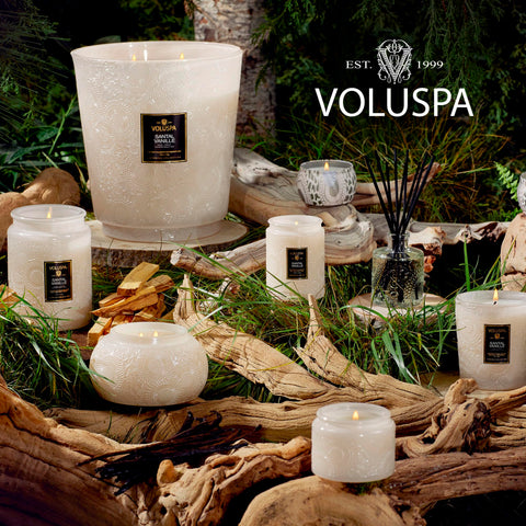 Voluspa Santal Vanille jar shown in elegant home setting.