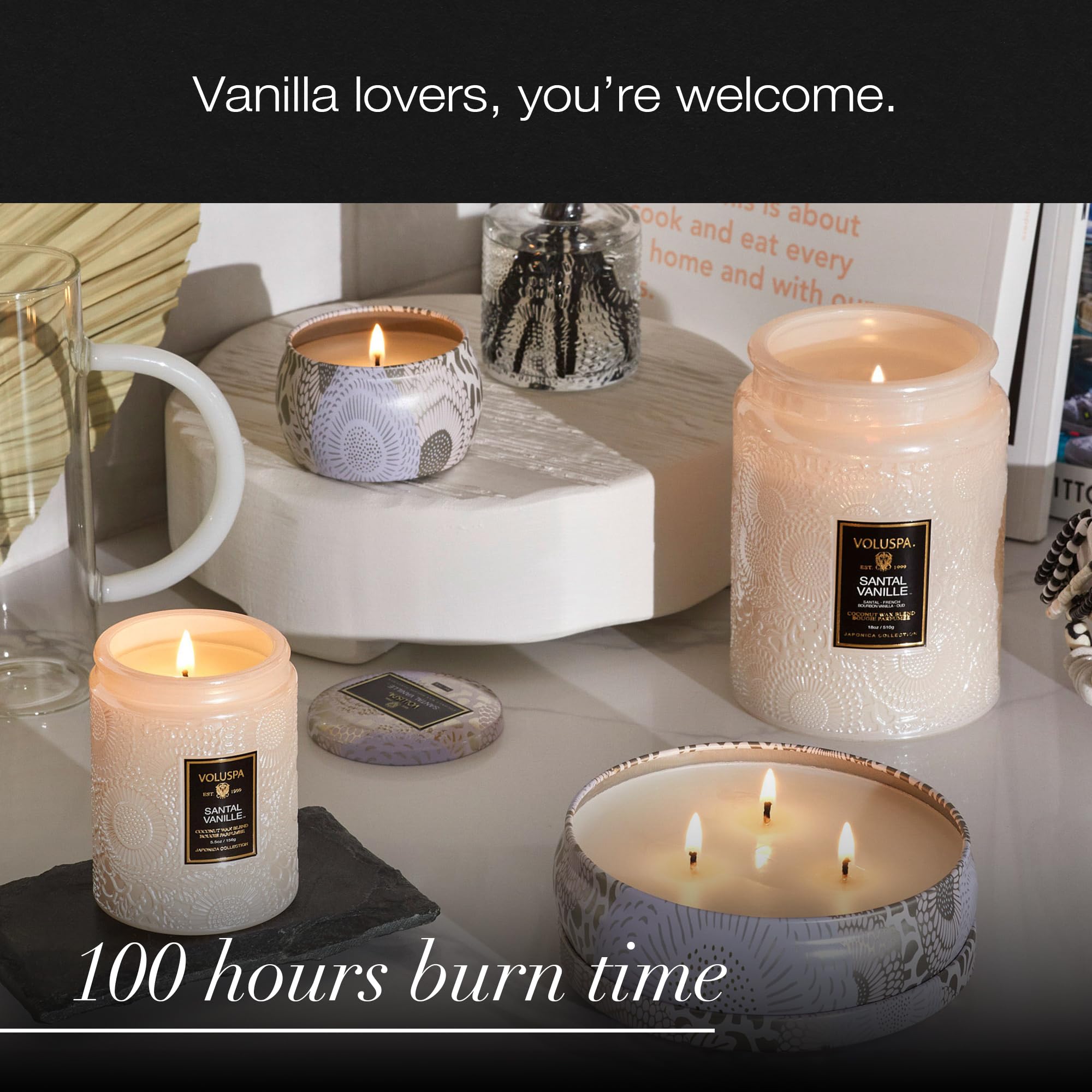 Voluspa Santal Vanille notes oud and sandalwood for calm ambience.