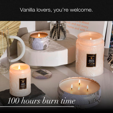 Voluspa Santal Vanille notes oud and sandalwood for calm ambience.